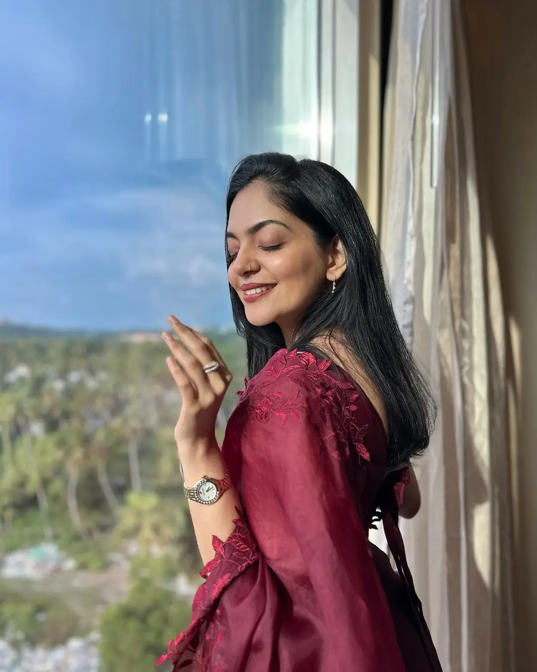 Ahaana Krishna in Maroon Saree Sleeveless Blouse